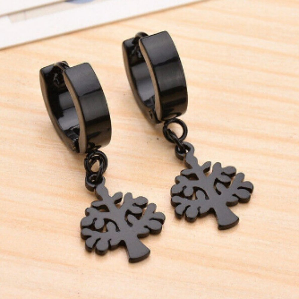 Unisex Black Tree Ear Buckle Earrings